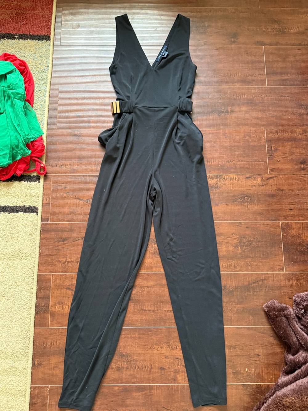 French Connection Black Wide-Leg Jumpsuit with Gold Buckle Detail